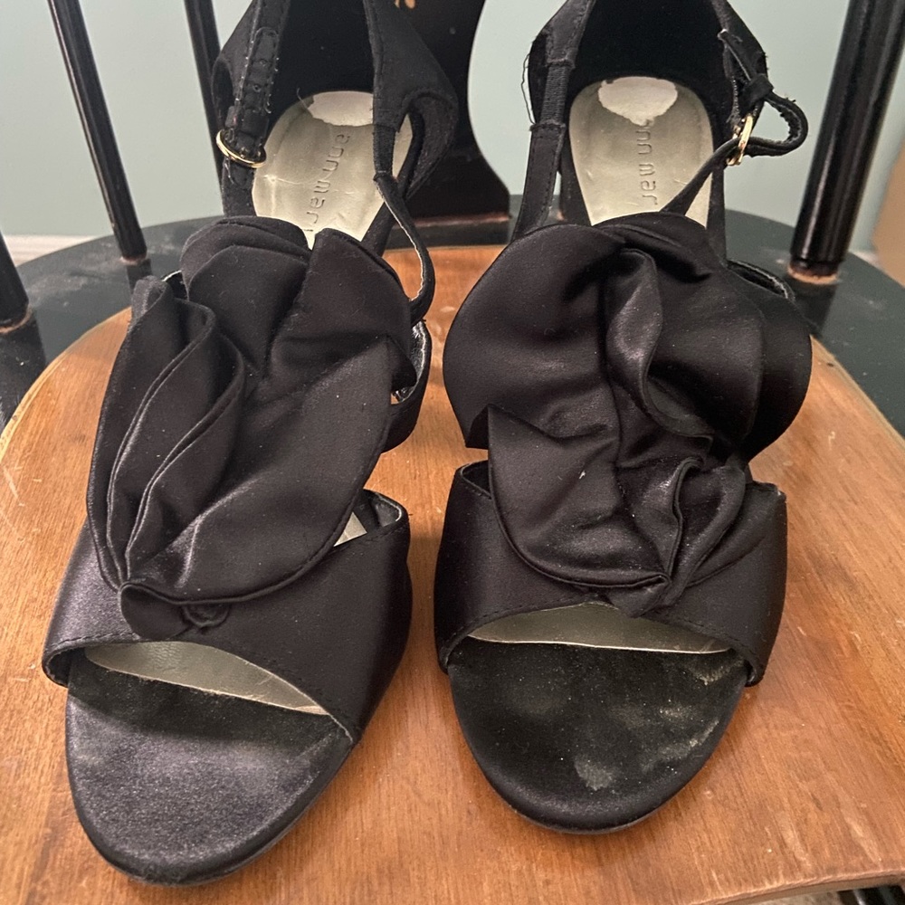 Ann Marino Black Satin Heels with Ruffle